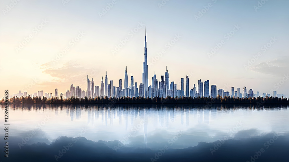 Fototapeta premium Modern Cityscape Reflects in Calm Water with Forest and Tall Buildings at Sunset