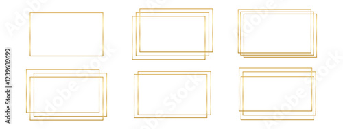 Set of golden rectangle frames. Shiny rectangular borders, glowy decorative frameworks, design elements for banners, birthday or wedding cards isolated on white background. Vector illustration.