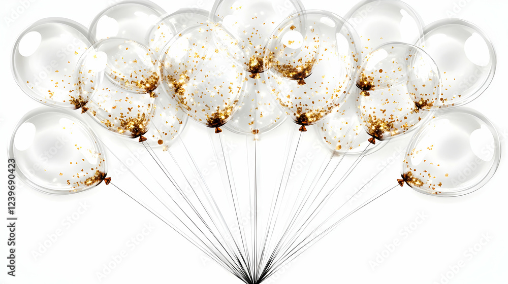 Fototapeta premium Clear Balloons Filled with Golden Confetti Float Elegantly Against a White Backdrop