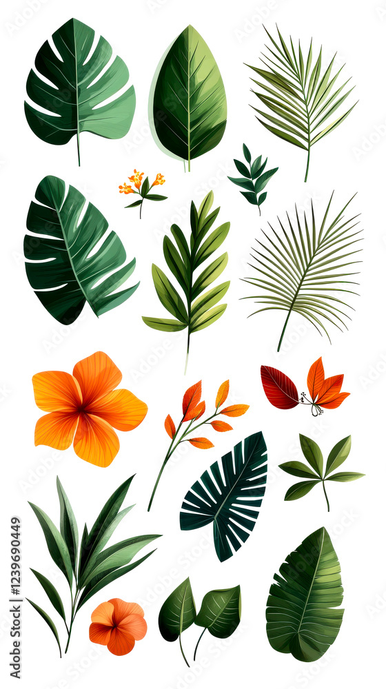 A vibrant collection of tropical leaves and flowers showcasing green foliage and bright orange blooms.