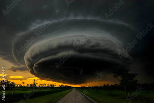 A Massive Supercell Thunderstorm Dominates the Sky Over a Rural Road at Sunset Dramatically photo