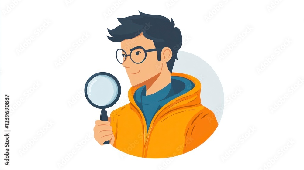 Friendly User Profile Avatar Featuring a Young Man with a Magnifying Glass in a Bright Orange Jacket Friendly User Profile Avatar Featuring a Young Man with a Magnifying Glass in a Bright Orange Jacket