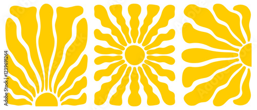 Set of posters with groovy sun pattern. Banners with wavy yellow rays. Groovy sunburst, sunrise or sunset wallpapers. Summer theme prints. Positive vibes designs. Vector flat illustration.