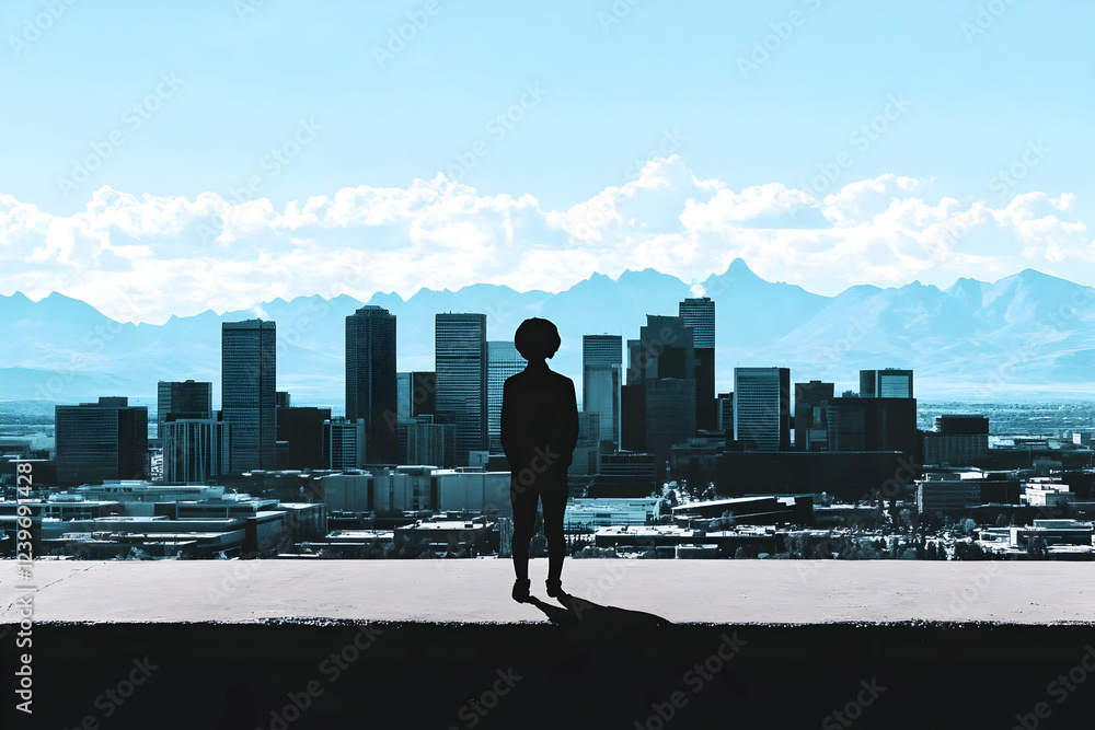 Silhouette of a person stands on rooftop overlooking a sprawling cityscape with distant mountains. Silhouette of a person stands on rooftop overlooking a sprawling cityscape with distant mountains.