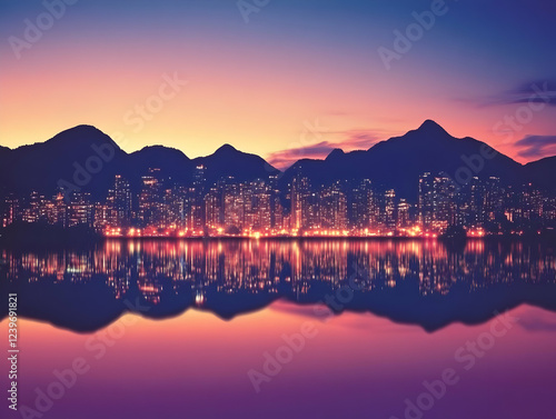 Cityscape reflects in calm ...