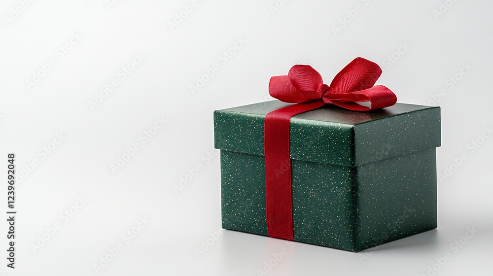 Fototapeta premium Green Gift Box with Red Ribbon on White Background