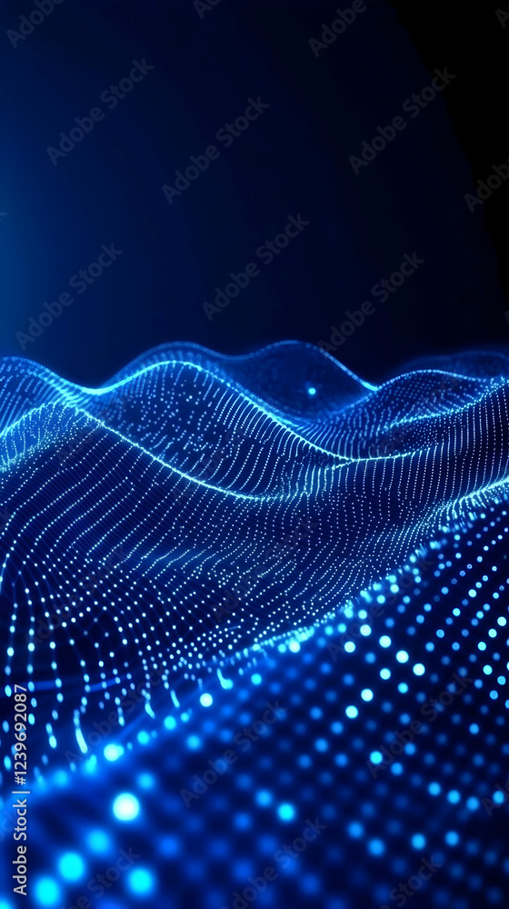 Abstract blue digital wave flows smoothly across a dark background with glowing particles. Abstract blue digital wave flows smoothly across a dark background with glowing particles.
