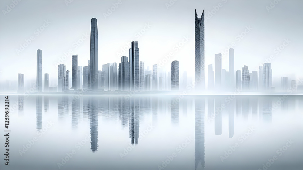 Fototapeta premium Modern Cityscape Reflected Serenely in Calm Water with a Foggy Atmosphere