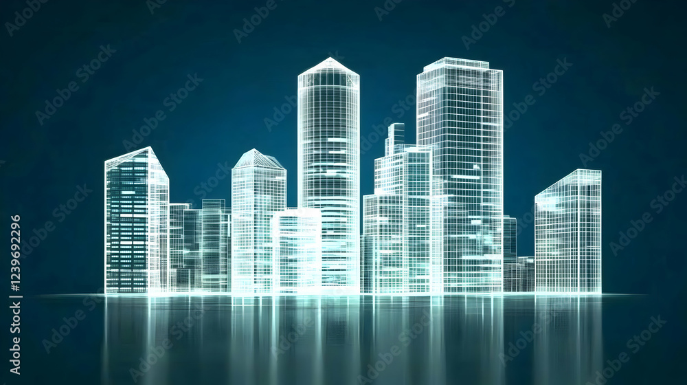 Abstract Cityscape Illustration Shows Glowing Buildings with Reflections on a Dark Background Abstract Cityscape Illustration Shows Glowing Buildings with Reflections on a Dark Background