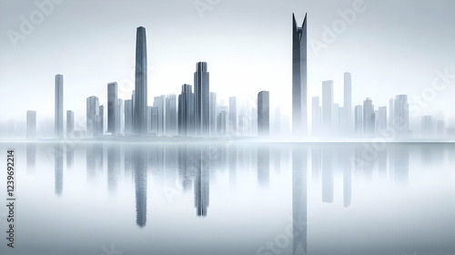 Wallpaper Mural Modern Cityscape Reflected Serenely in Calm Water with a Foggy Atmosphere Torontodigital.ca