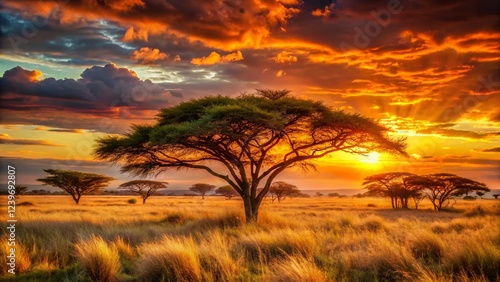 Wallpaper Mural Fiery Savannah Sunset: Silhouetted Acacia Trees at Golden Hour Macro Photography Torontodigital.ca