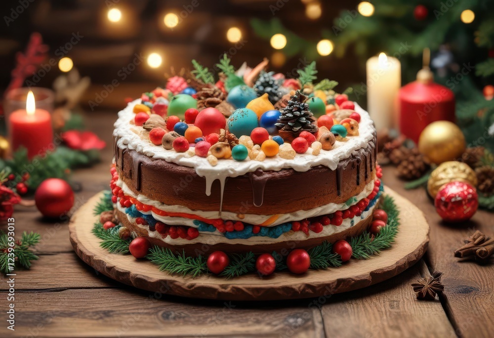 Colorful Christmas cake arrangement on a wooden table with festive decorations, merry decorations, cozy atmosphere, holiday display Colorful Christmas cake arrangement on a wooden table with festive decorations, merry decorations, cozy atmosphere, holiday display