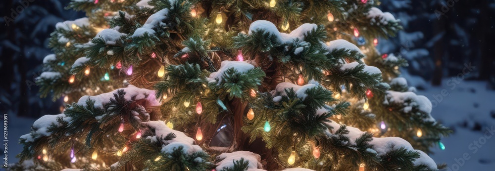 Fototapeta premium Colorful Christmas lights draped around a snowy evergreen tree , twinkling, christmas lights, evergreen tree