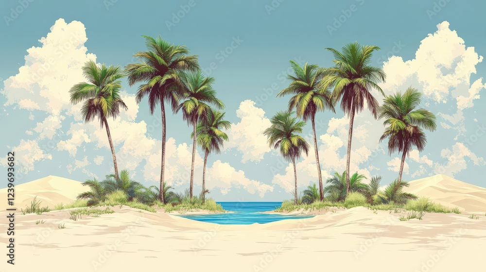 Tropical Beach Paradise with Palm Trees and Ocean View under Blue Sky and White Clouds - Idyllic Island Landscape for Vacation and Relaxation Tropical Beach Paradise with Palm Trees and Ocean View under Blue Sky and White Clouds - Idyllic Island Landscape for Vacation and Relaxation