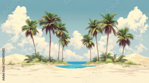 Tropical Beach Paradise with Palm Trees and Ocean View under Blue Sky and White Clouds - Idyllic Island Landscape for Vacation and Relaxation