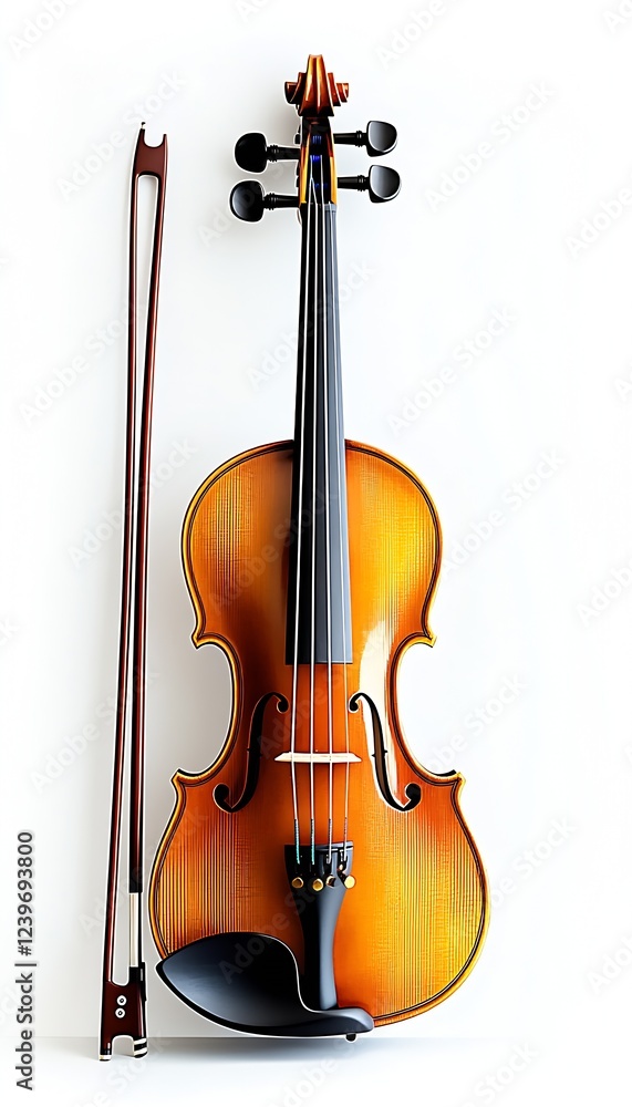 Fototapeta premium Beautiful wooden violin with bow displayed artistically against clean background highlighting craftsmanship : Generative AI