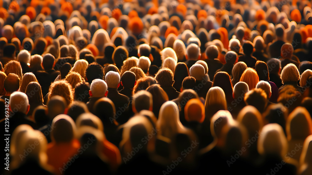 Obraz premium A Large Crowd of People Gathers Together, Attending an Event or Performance Outdoors, Under the Warm Glow of Sunset
