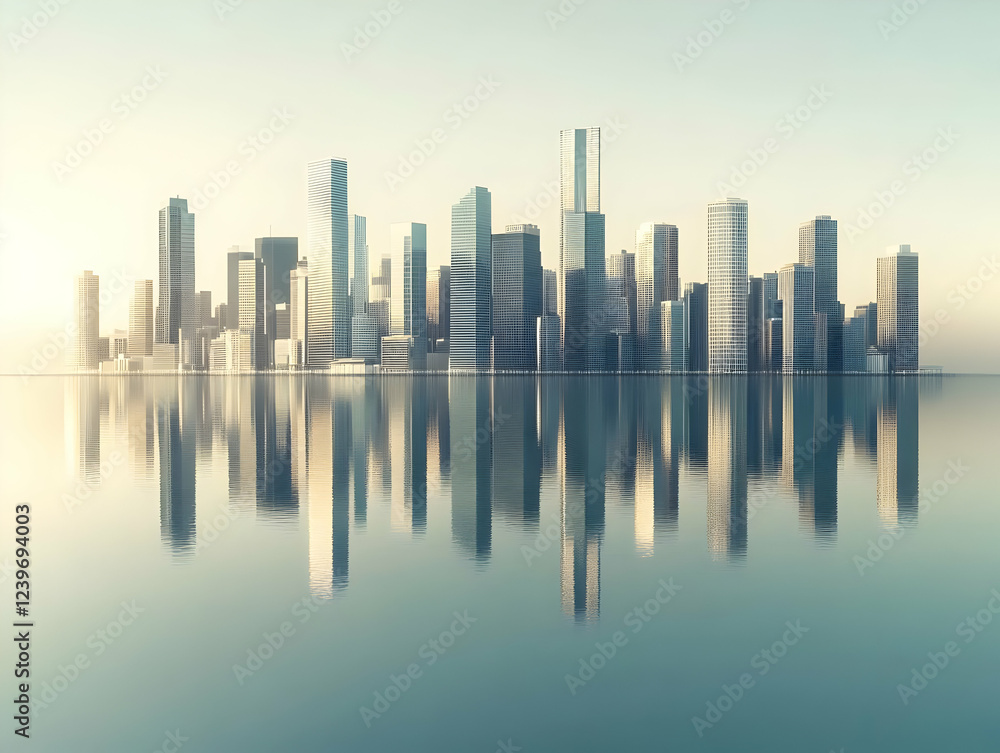 Fototapeta premium Modern Cityscape Reflects in Calm Water at Sunrise Serene Urban Landscape Background