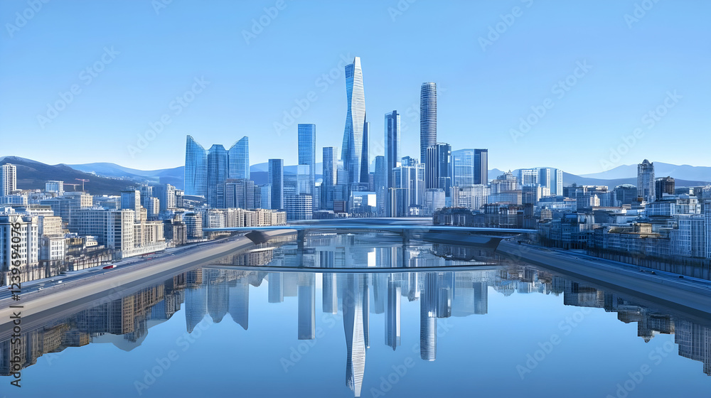 Naklejka premium Futuristic Metropolis Reflects in Calm Water with Modern Skyscrapers and Clear Blue Sky
