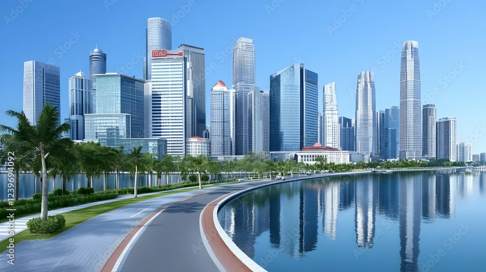 Modern Cityscape Reflects in Calm Waters with Lush Promenade under Clear Blue Sky Modern Cityscape Reflects in Calm Waters with Lush Promenade under Clear Blue Sky