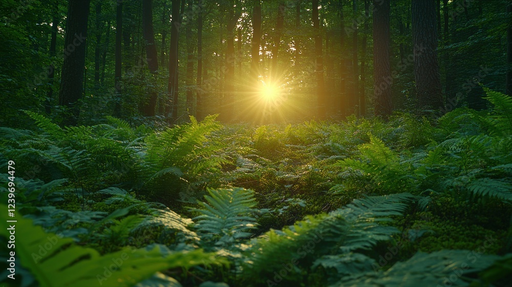 Fototapeta premium Sunlit forest path with lush ferns.