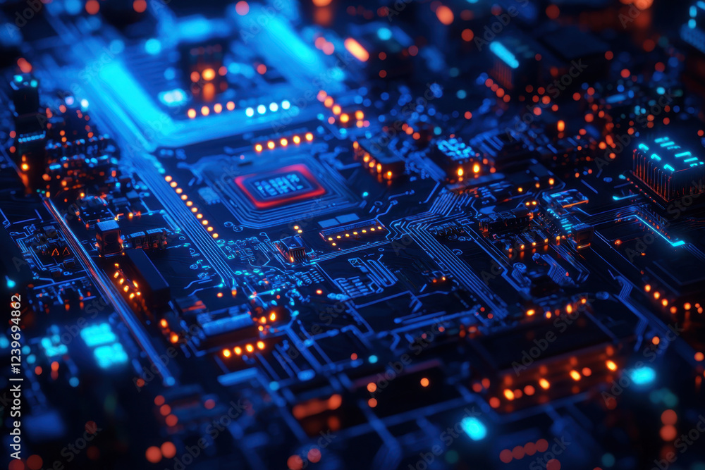 Advanced computer motherboard with detailed glowing components and futuristic lighting. Advanced computer motherboard with detailed glowing components and futuristic lighting.