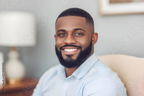 Smiling Man in Blue Shirt S...