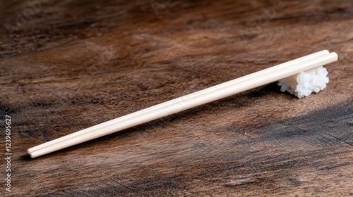 Wooden chopsticks and rice on a table. Food preparation photo