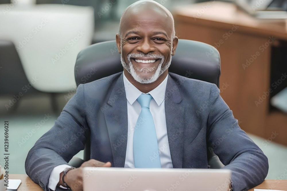 Smiling Businessman Sitting at Desk with Laptop in Office, Ready for Work Smiling Businessman Sitting at Desk with Laptop in Office, Ready for Work