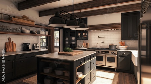 Wallpaper Mural A modern kitchen with dark cabinets, wood beams, and island illuminated by pendant lights Torontodigital.ca