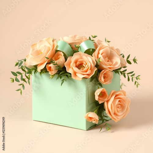 A pastel green gift box encircled with lush peach flowers and greenery is presented against a subtle background, conveying a feeling of warmth and affection. photo