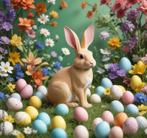 Wallpaper Mural Colorful paper cut rabbit surrounded by eggs and spring flowers ,  floral design, ,  spring flowers Torontodigital.ca