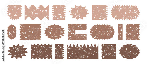 Crayon sticker wavy shape mocha mousse color, charcoal stamp rectangle, oval border icon grunge texture, wave edge frame set. Star burst label, price tag corrugated, promo badge. Vector illustration