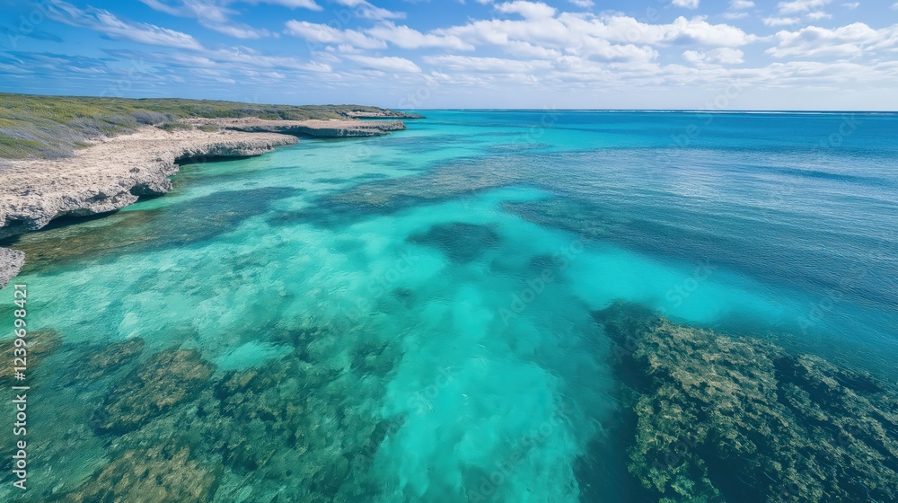Fototapeta premium Vibrant Turquoise Ocean Meets Sandy Shoreline Under Blue Sky