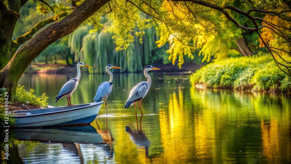 Four Herons by a Riverbank with a Boat Four Herons by a Riverbank with a Boat