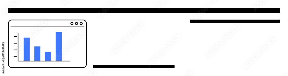 Browser window displaying a vertical bar chart with three bars in blue, surrounded by abstract black lines. Ideal for data analysis, business growth, digital reports, marketing, technology Browser window displaying a vertical bar chart with three bars in blue, surrounded by abstract black lines. Ideal for data analysis, business growth, digital reports, marketing, technology