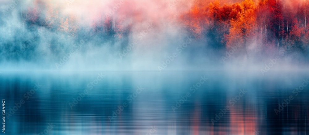 Fototapeta premium Misty Autumn Lake with Colorful Reflections - Serene Nature Scene