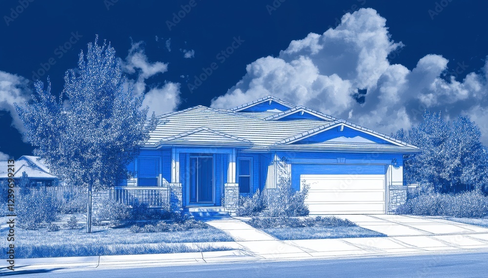 Blueprint Design of a Modern Ranch House Under a Dramatic Blue Sky with Lush Landscaping.