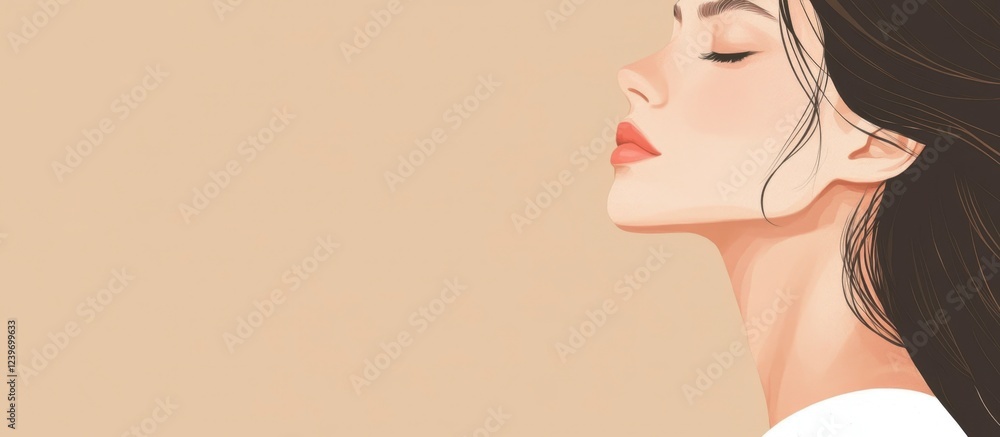 Serene Woman Profile, Closed Eyes, Beige Background, Minimalist Style Serene Woman Profile, Closed Eyes, Beige Background, Minimalist Style