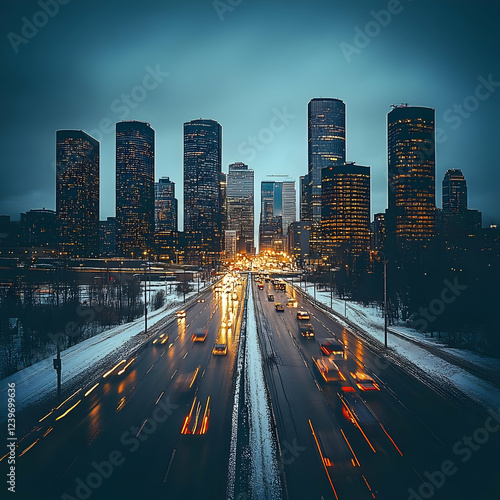 Cityscape at Dusk: Busy Hig...