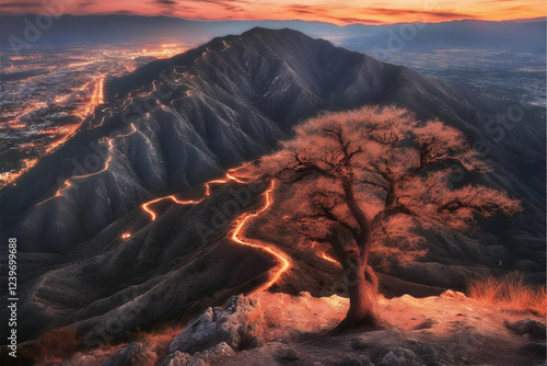 Winding mountain road illum...