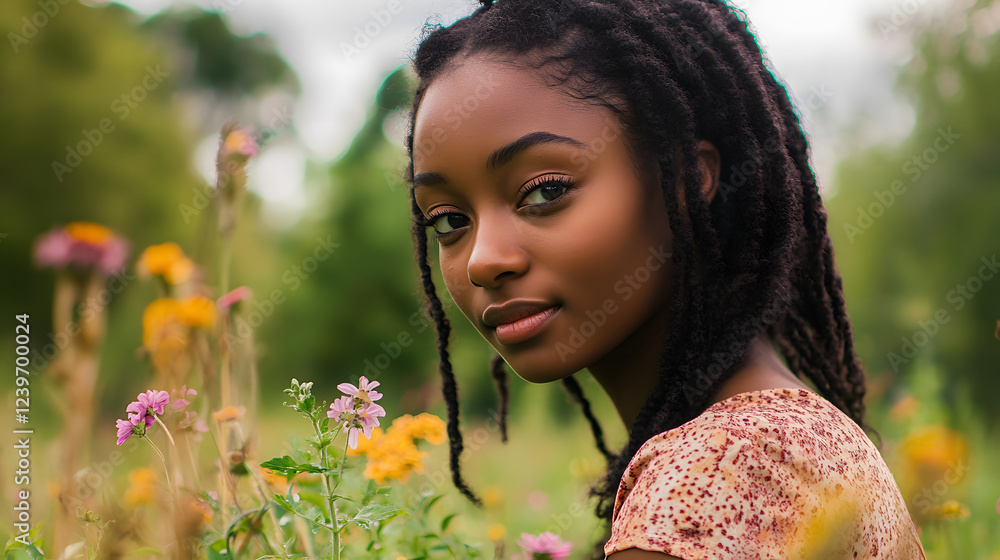 Naklejka premium Beautiful African American woman picking wildflowers in a field on a sunny spring day