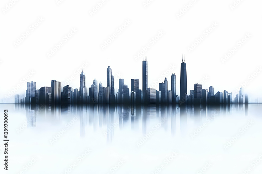 Modern Cityscape Reflects in Tranquil Water with Minimalist Background Modern Cityscape Reflects in Tranquil Water with Minimalist Background