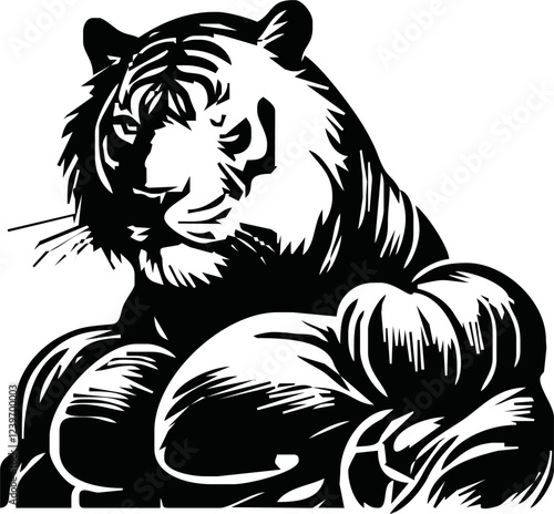 Strong and angry Tiger. The wild animal has huge muscles.vector logo or mascot for boxing team.