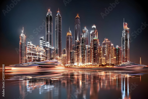 Illuminated cityscape refle...