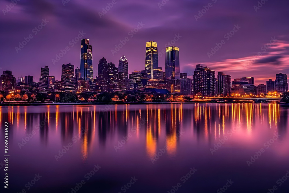 Fototapeta premium Cityscape Reflects in Calm Water at Dusk with a Purple and Orange Sky