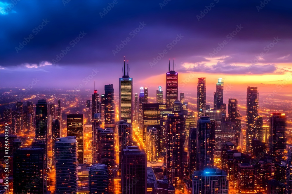 Obraz premium Cityscape Illuminated Under a Dramatic Sunset Sky