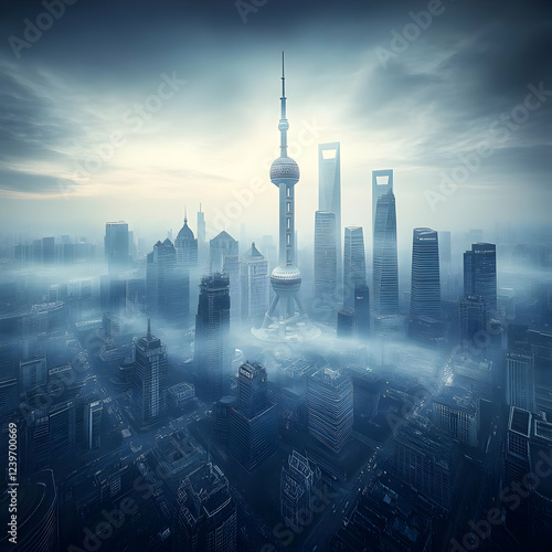 Misty Cityscape Shows Tower...