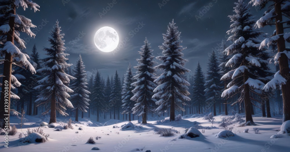 Cozy winter forest with snow-covered trees and a bright full moon in the background, woodland, winter, festive Cozy winter forest with snow-covered trees and a bright full moon in the background, woodland, winter, festive