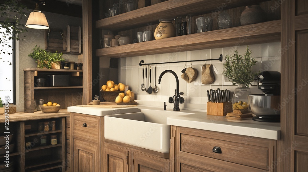 Fototapeta premium Rustic kitchen interior featuring wooden cabinets, farmhouse sink, and cozy lighting